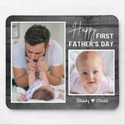 First Father&#39;s Day New Dad Black Wood  2 Photo Mouse Pad