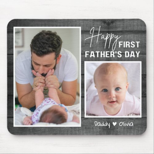 First Fathers Day New Dad Black Wood  2 Photo Mouse Pad