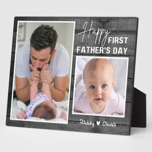First Fathers Day New Dad Black Wood  2 Photo Plaque