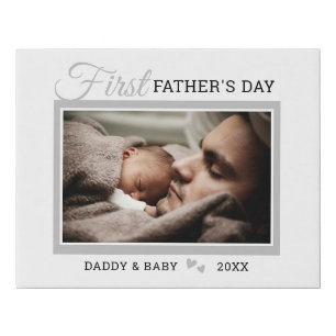 First Father's Day New Dad Photo Gray White Faux Canvas Print