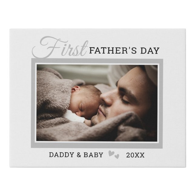 First Father's Day New Dad Photo Gray White Faux Canvas Print (Front)