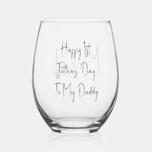 First Fathers Day New Daddy Name Stemless Wine Glass