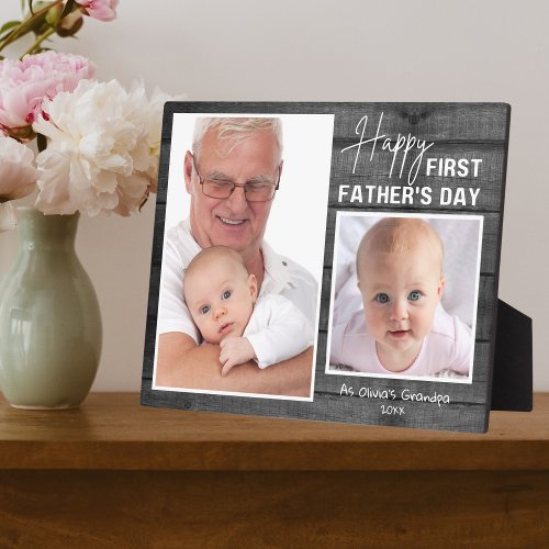 First Fathers Day New Grandpa Black Wood 2 Photo Plaque