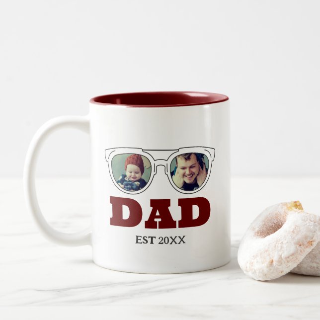 First Father's Day Photo Collage Dad Son Daughter Two-Tone Coffee Mug (With Donut)