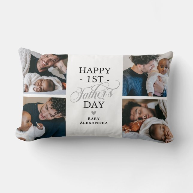 First Fathers Day Photo Collage Keepsake Lumbar Pillow (Front)