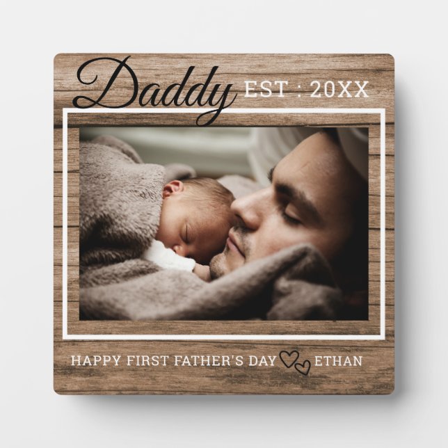 First Father's Day Photo Dad Established Wood Plaque (Front)