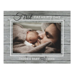 First Father's Day Photo Rustic Gray Wood Faux Canvas Print