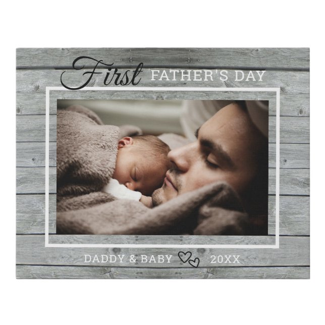 First Father's Day Photo Rustic Gray Wood Faux Canvas Print (Front)