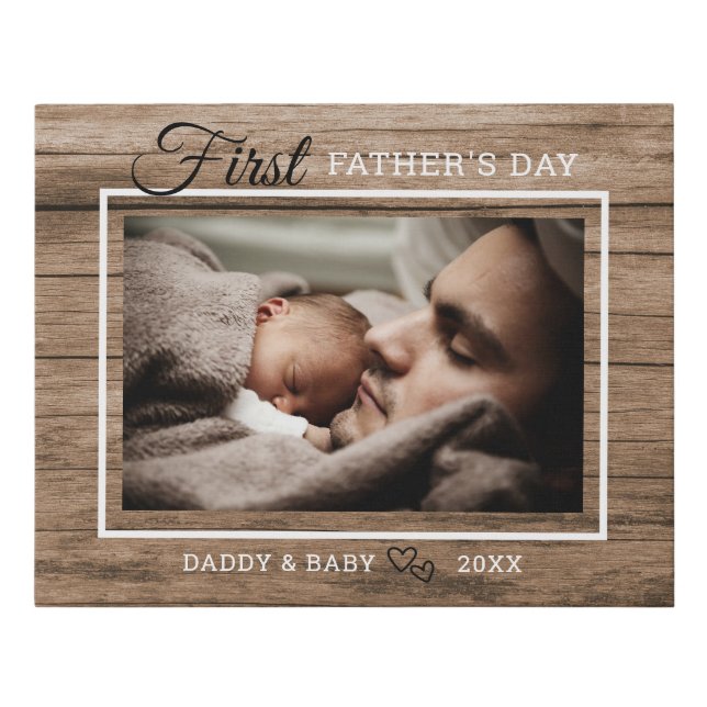 First Father's Day Photo Rustic Wood Faux Canvas Print (Front)
