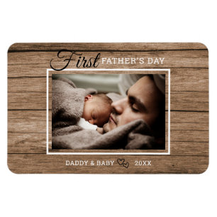 First Father's Day Photo Rustic Wood Magnet