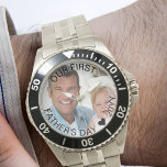 First Fathers Day Photo Semi Transparent Border Watch<br><div class="desc">Personalized photo watch for a first father's day (or personalize for anything you want!). The template is set up for you to add your own photo and you can also edit all of the text if you wish. The wording sits on a semi-transparent border overlay above your photo. The sample...</div>