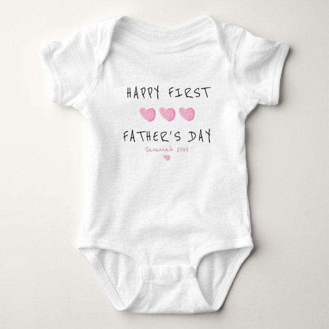 First Father's Day Pink Heart Custom Baby Bodysuit (Front)