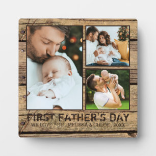 FIRST FATHERS DAY Rustic Wood 3 Photo Collage Plaque