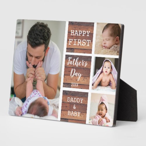 First Fathers Day Rustic Wood 4 Photo Collage  Plaque