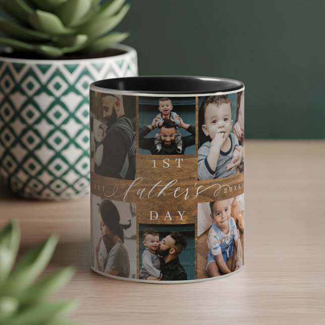 First Father's Day Rustic Woodgrain Photo Collage Mug (First Father's Day Rustic Woodgrain Photo Collage Mug)