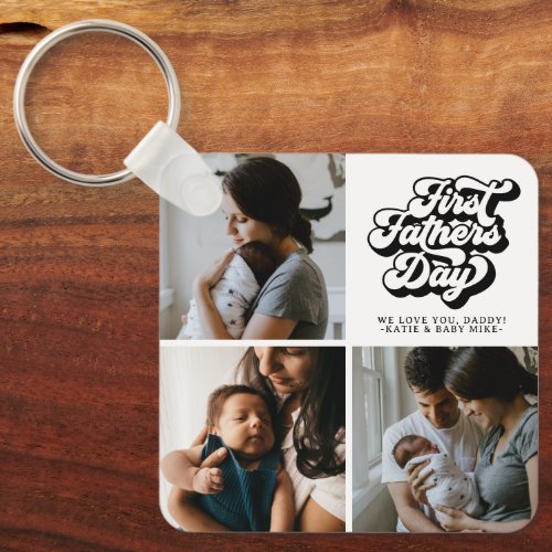 First Fathers Day Simple Groovy Retro Three Photo Keychain