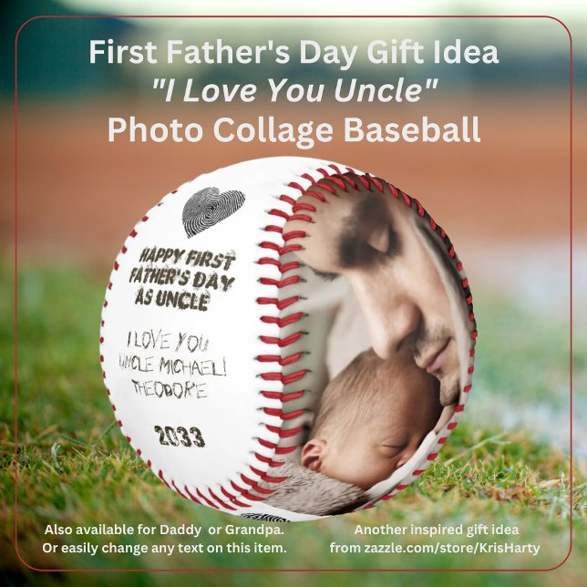 First Fathers Day Uncle Love You Photo Collage Baseball (Happy First Father's Day I Love You Uncle [Name + Baby's Name] 2-Photo Collage Baseball)