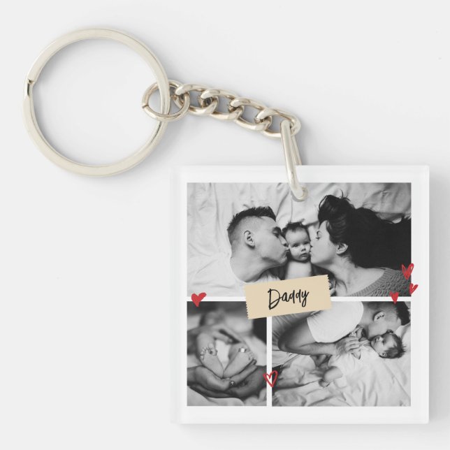 First Father's Day Vintage Baby Photo Collage Keychain (Front)