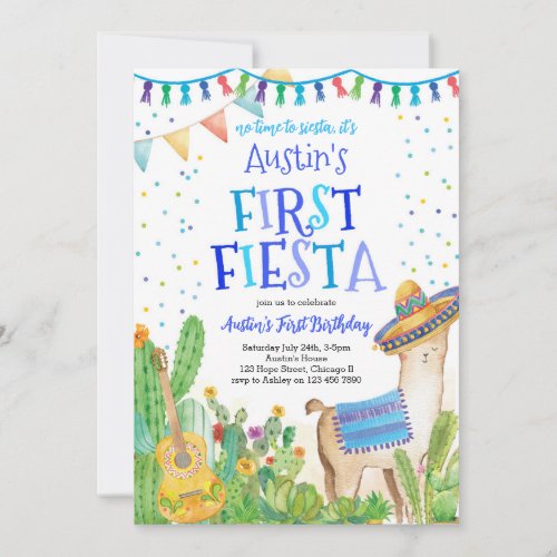 First Fiesta Blue Mexican Boy Birthday Invitation