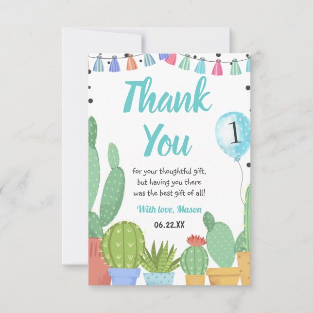 First Fiesta Boy Taco Bout A Party Cactus Birthday Thank You Card (Front)