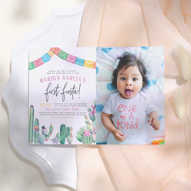 First Fiesta Cactus Succulent Girl Birthday Photo Invitation
