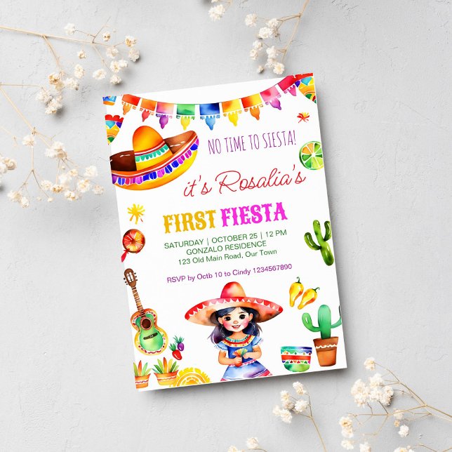 First fiesta colorful cute Spanish girl birthday Invitation (First fiesta Mexican themed birthday party template invitation instant download cute Spanish girl)