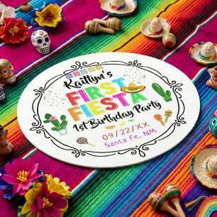 First Fiesta Colorful Mexican 1st Birthday Party Round Paper Coaster