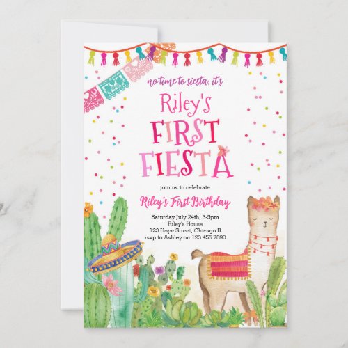 First Fiesta Llama Catus Girl Birthday Invitation