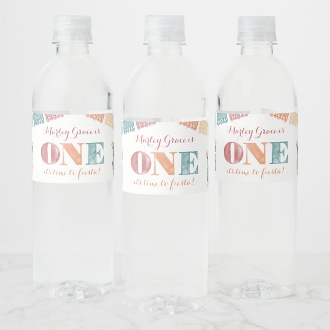 First Fiesta Mexican Theme Girl 1st Birthday Party Water Bottle Label (Bottles)