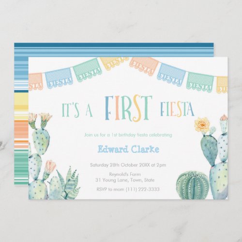 First Fiesta Yellow Blue Cactus 1st Birthday Party Invitation