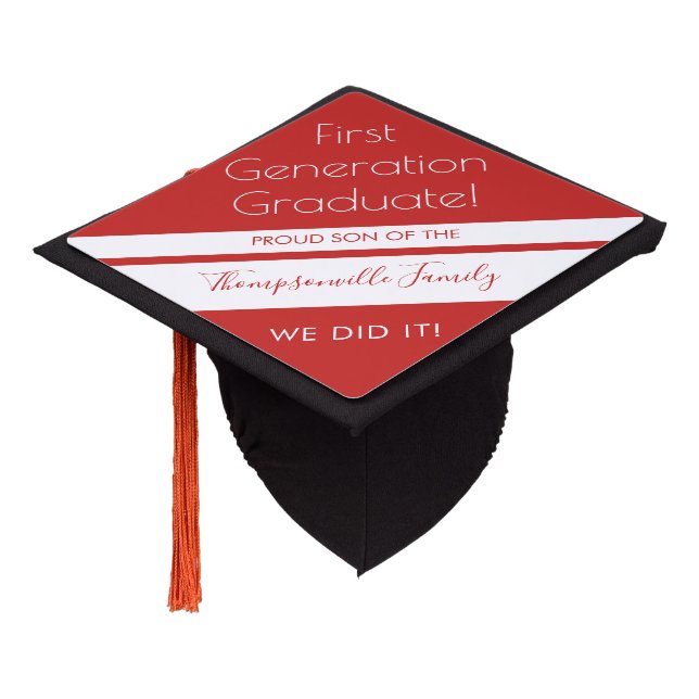 First Generation Graduate Success Family Name Red Graduation Cap Topper (Angled)
