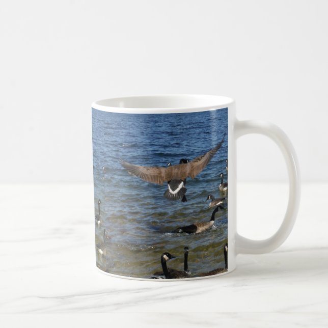 First goose to fly, geese on Lake Arrowhead Coffee Mug (Right)