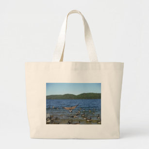 First goose to fly, geese on Lake Arrowhead Large Tote Bag