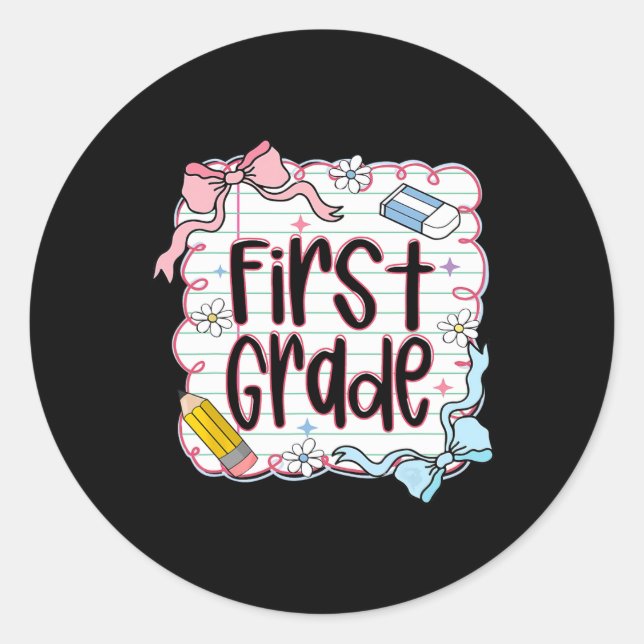 First Grade Back To School For Girls Pink Notebook Classic Round Sticker (Front)