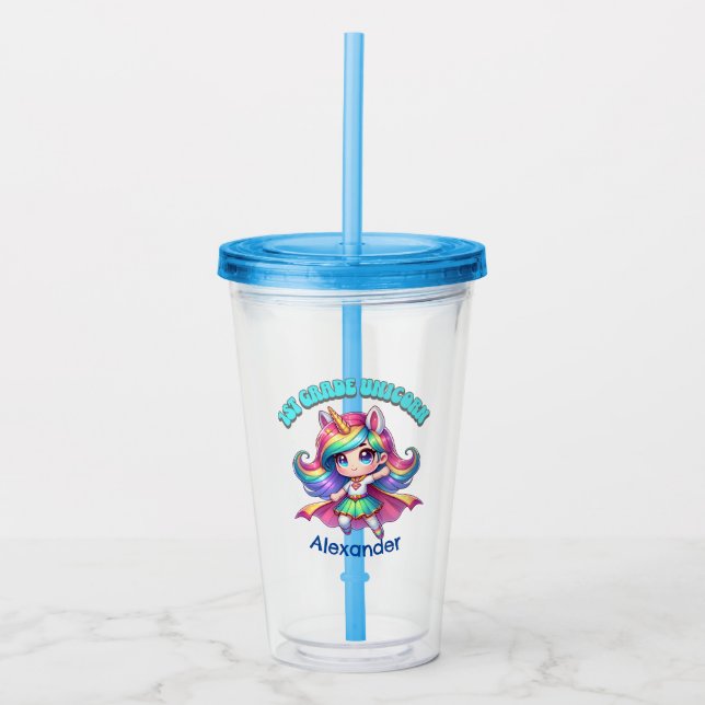 First grade back to school unicorn grade one team acrylic tumbler (Front)