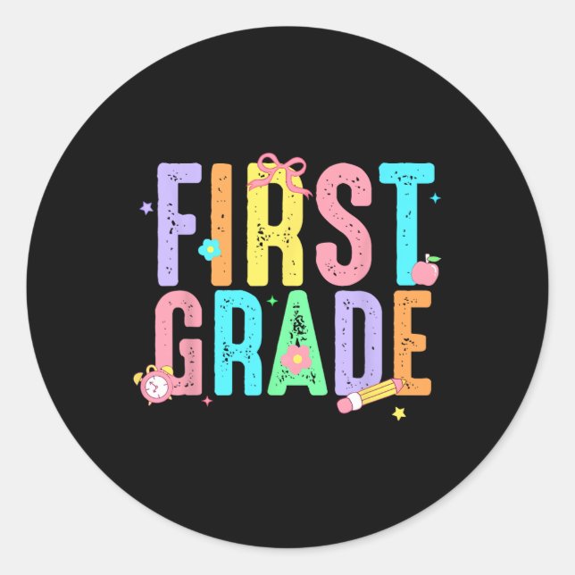 First Grade Coquette Bow Pencil First Day Back To  Classic Round Sticker (Front)