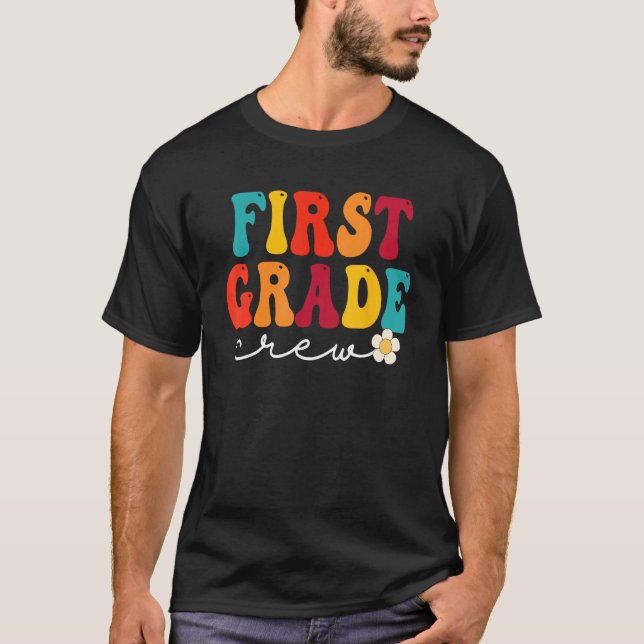 First Grade Crew Back to School Retro Teacher Stud T-Shirt (Front)