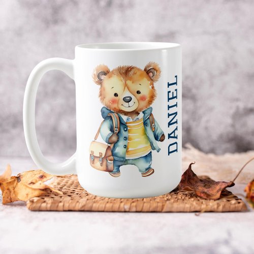 First grade cute teddy bear in a jacket school bag coffee mug