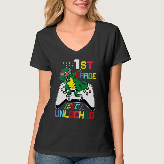 First Grade Dinosaur Dabbing Video Game Back To Sc T-Shirt (Front)