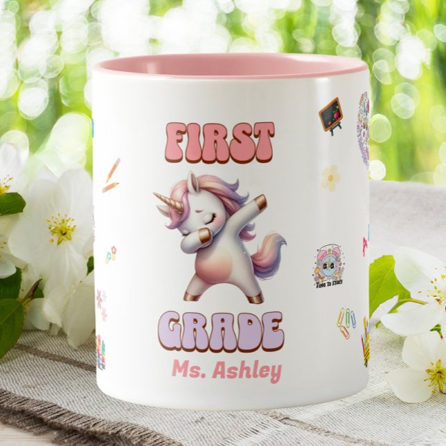 First Grade Elementary Teacher Dabbing Unicorn Two-Tone Coffee Mug (Creator Uploaded)