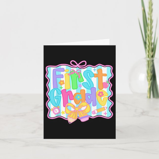 First Grade Girls Back To School Bow Cute Coquette Card (Front)