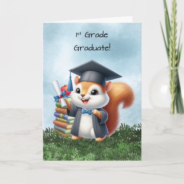 First Grade Graduation Boy Squirrel Congratulation Card (Front)