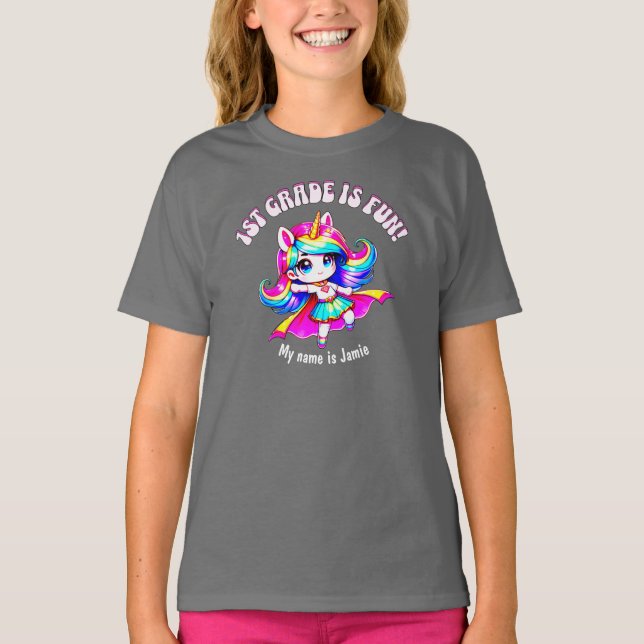 First grade is fun quote pink text T-Shirt (Front)