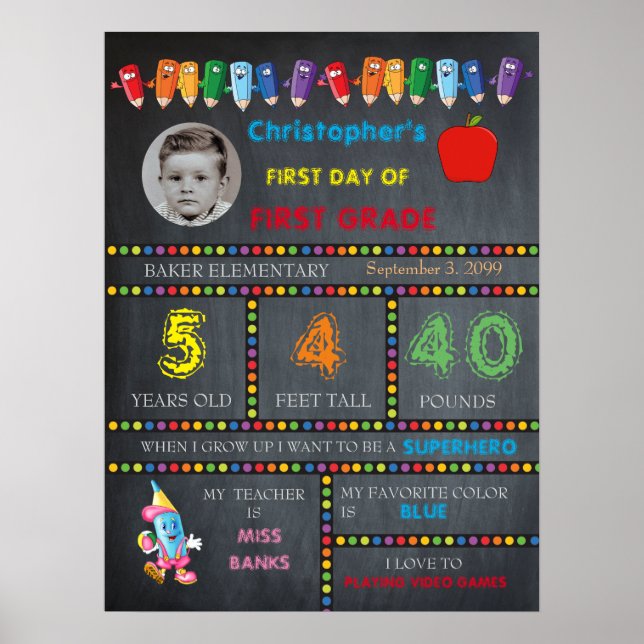 FIRST GRADE Kindergarten boy,chalkboard sign,photo Poster (Front)