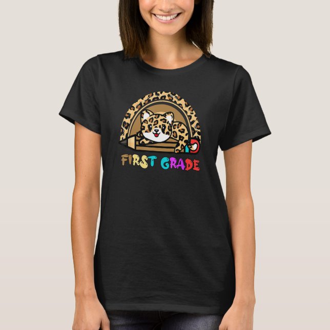 First Grade Leopard Rainbow Girls Boys Teacher 1st T-Shirt (Front)