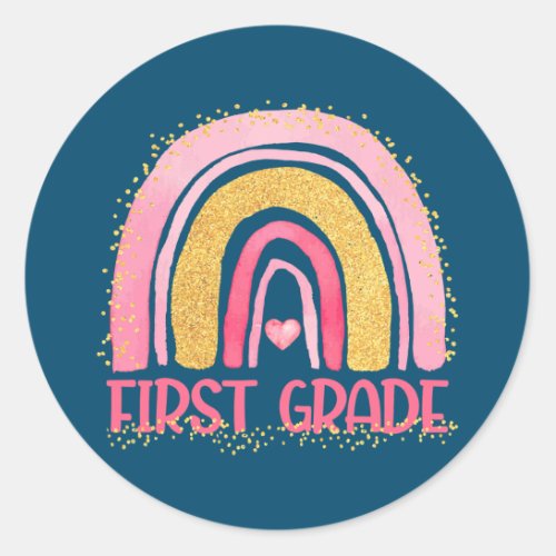 First Grade Rainbow Watercolor Teacher Kids Back Classic Round Sticker