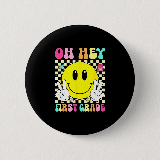 First grade retro smile face back to school first button (Front)