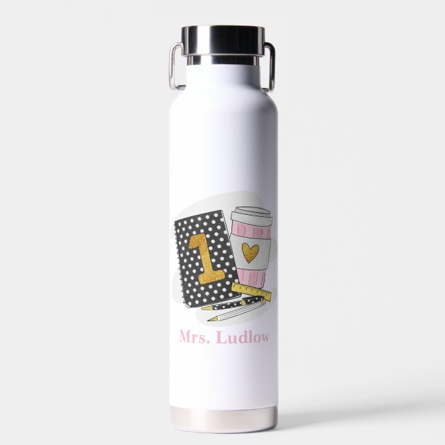 First Grade Teacher Black Coffee School Custom Water Bottle (Front)