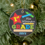 First Grade Teacher Keepsake Chalkboard Colorful Ceramic Ornament<br><div class="desc">This first (1st) grade ornament features a star, a ruler, a pencil, crayons and bold, colorful fun typography! Click the customize button for more options for modifying the text! Variations of this design, additional colors, as well as coordinating products are available in our shop, zazzle.com/store/doodlelulu. Contact us if you need...</div>