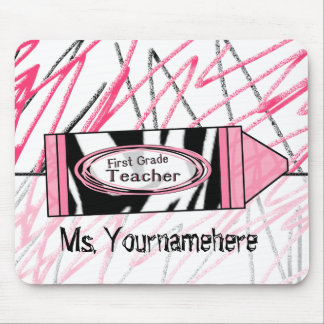 First Grade Teacher Mousepad - Zebra Print Crayon